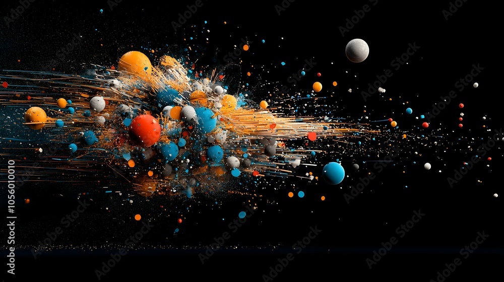 Poster Vibrant rainbow colored fireworks trail shooting across a dark sky creating a dynamic and cosmic visual display