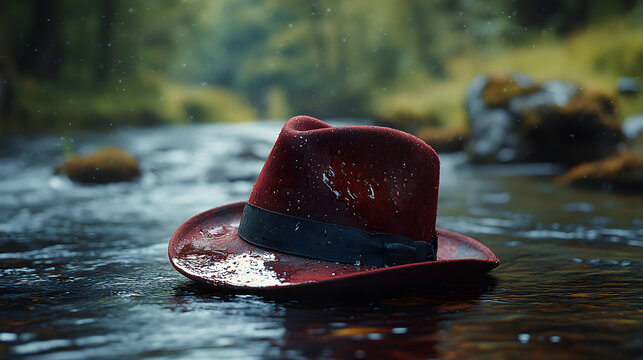 An Artistic Capture of a Distinguished Fisherman's Maroon Hat Floating Peacefully on a River Surrounded by Wilderness in 1885
