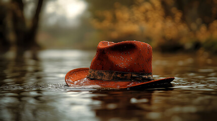 An Artistic Capture of a Distinguished Fisherman's Maroon Hat Floating Peacefully on a River Surrounded by Wilderness in 1885
