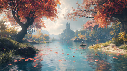 Tranquil Autumn Lake with Floating Leaves and Scenic Landscape