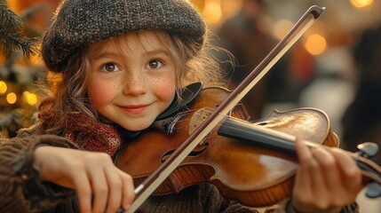 A young girl with rosy cheeks and a warm smile plays the violin.