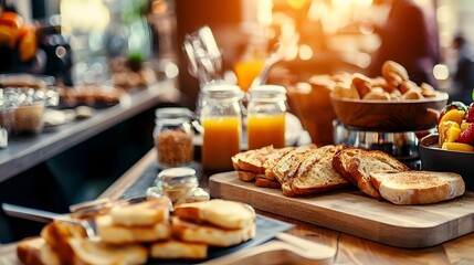 Welcoming breakfast buffet setup with a variety of self serve options including cereals toast juice and coffee machines in a cozy hostel dining area