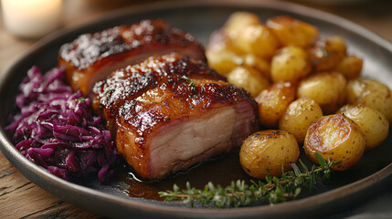An Enticing Arrangement of Crispy Pork Belly, Golden Roasted Potatoes, and Tangy Red Cabbage on a Rustic Table with Soft Candlelight