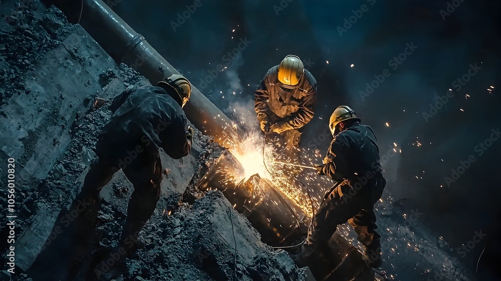 Poster workers in a remote location welding sections of an oil pipeline with sparks flying from the welding
