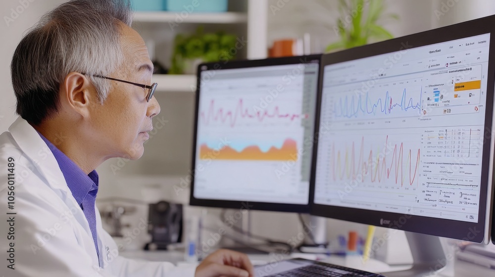 Poster A scientist is focused on interpreting complex data displayed on two large monitors in a contemporary research laboratory. The workspace is equipped with advanced technology and greenery.