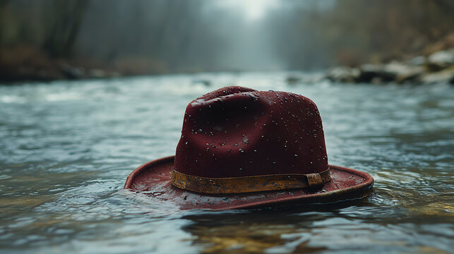 An Artistic Capture of a Distinguished Fisherman's Maroon Hat Floating Peacefully on a River Surrounded by Wilderness in 1885
