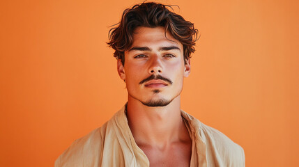 Obraz premium Handsome Man with Wavy Hair and Goatee Against Orange Background