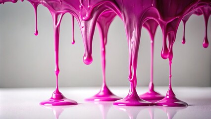 Slow drips of fuchsia colored slime fall onto a pristine white surface isolated in a sterile environment, artificial, scienceexperiment, pocket, gooey