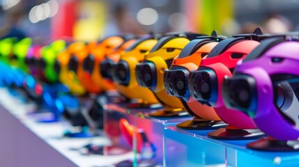 An array of colorful virtual reality controllers neatly arranged on a charging station.