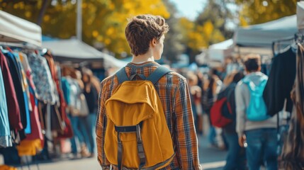 Fototapeta premium Young Man Exploring a Bustling Outdoor Market in Autumn for Urban Adventure. Generative ai