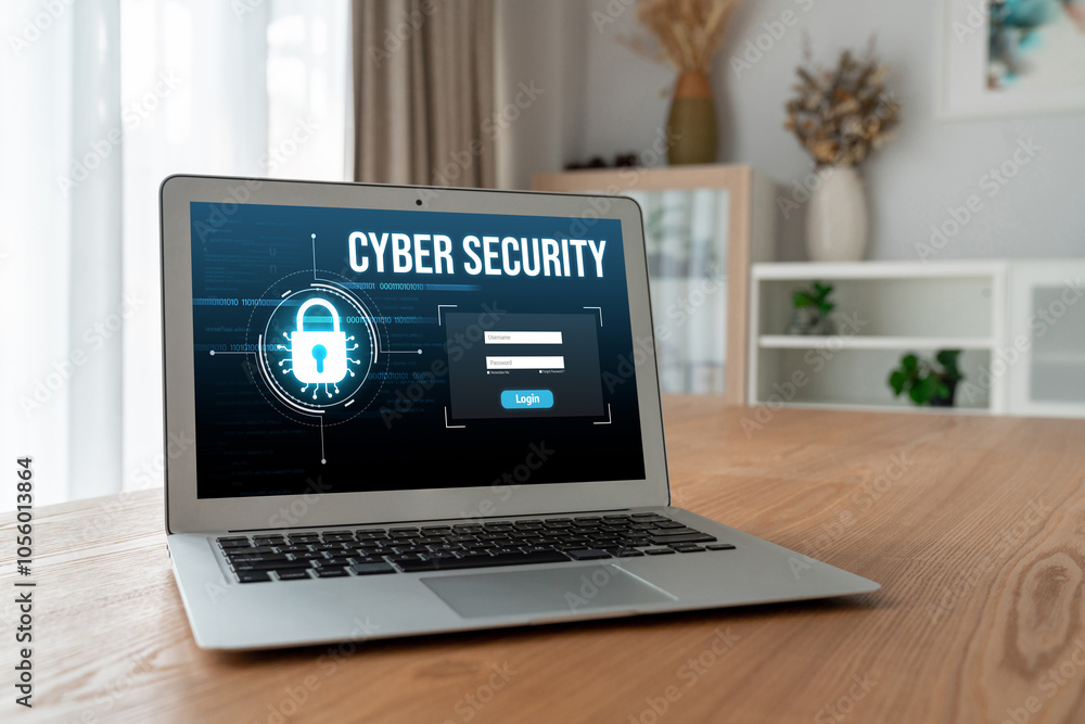 Poster cyber security system on computer screen protect private information snugly from hacker and cyber at