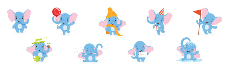 Funny Blue Elephant Character with Trunk Enjoy Activity Vector Set