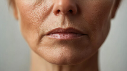Fototapeta premium Close-up view of a woman's face highlighting natural skin texture and healthy lips in soft indoor lighting at home