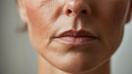 Obraz premium Close-up view of a woman's face highlighting natural skin texture and healthy lips in soft indoor lighting at home