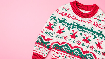 Festive Red Green White Christmas Reindeer Knit Sweater on Pink Background
