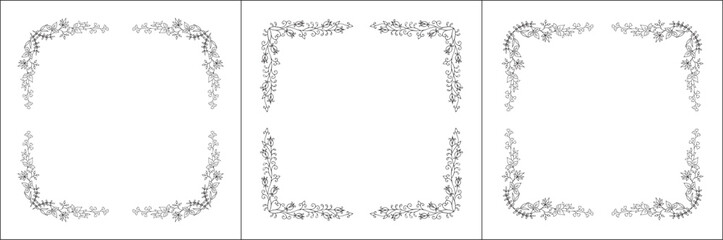 Set of three vector decorative frames, vegetal ornamental frame with flowers, decorative border, corners for greeting cards, banners, business cards, invitations. Isolated vector illustration.	