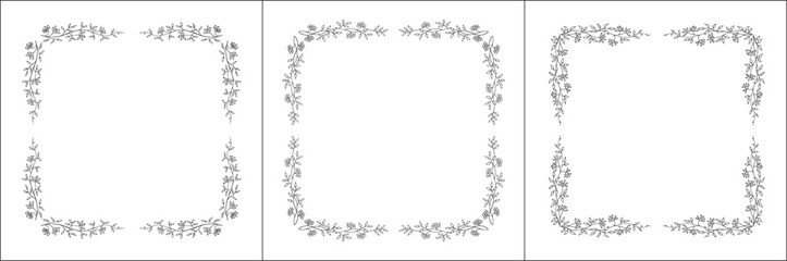 Set of three vector decorative frames, vegetal ornamental frame with berries, decorative border, corners for greeting cards, banners, business cards, invitations. Isolated vector illustration.	