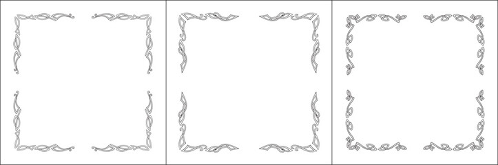 Set of three frames. Elegant Scandinavian black and white ornamental frame, decorative border, corners. Isolated vector illustration.	
