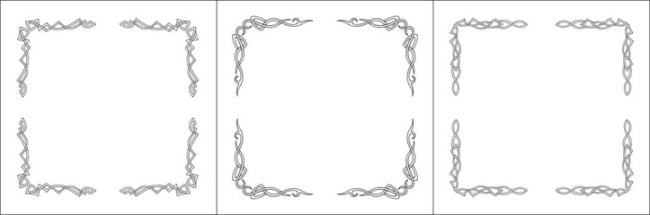 Set of three frames. Elegant Scandinavian black and white ornamental frame, decorative border, corners. Isolated vector illustration.	
