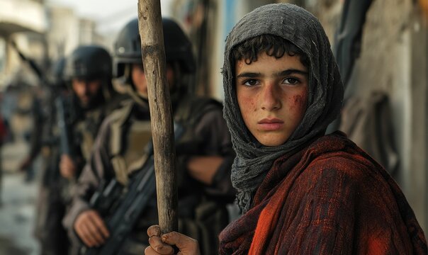 Young boy in a shawl with soldiers in background.