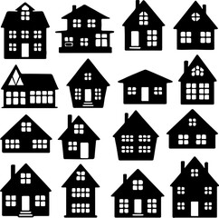 Vector Illustration of Diverse House Silhouettes Collection, Real Estate Concepts, Architecture Icons, Urban and Rural Housing, Homeownership, Property Investment, Residential Design Elements