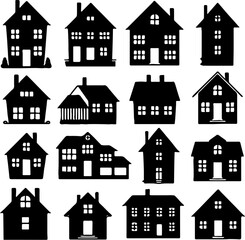 Vector Illustration of Diverse House Silhouettes Collection, Real Estate Concepts, Architecture Icons, Urban and Rural Housing, Homeownership, Property Investment, Residential Design Elements