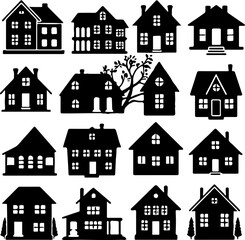 Vector Illustration of Diverse House Silhouettes Collection, Real Estate Concepts, Architecture Icons, Urban and Rural Housing, Homeownership, Property Investment, Residential Design Elements