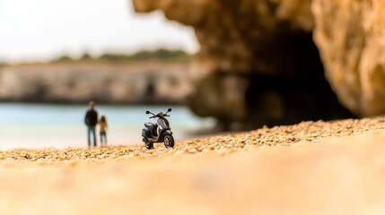 A miniature scooter parked on a sandy beach with two figures in the distance near a cave.