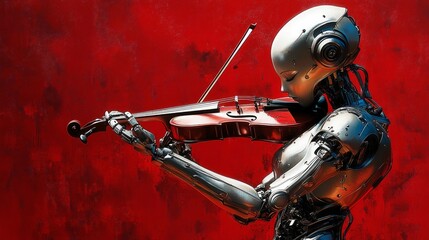 Fototapeta premium a robot girl playing the violin on red background