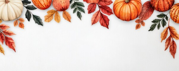 Obraz premium Colorful pumpkins and autumn leaves on a white background.