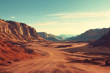 Naklejka premium Monument Valley's scenic drive road leads into rugged terrain , framed by vibrant blue skies with white puffy clouds. 