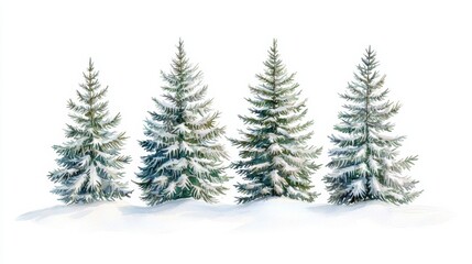 Four snow-covered pine trees on a white isolate background.