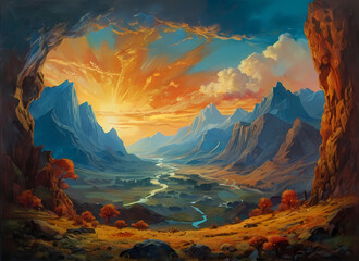 Obraz premium A grand, sweeping landscape depicting an extraordinary, larger-than-life scene, with vibrant colors and dramatic lighting, evoking a sense of awe and wonder, perhaps featuring majestic mountains, vast