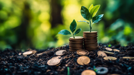 New ventures grow with investment in nature as small plants sprout from stacks of coins in sunlight