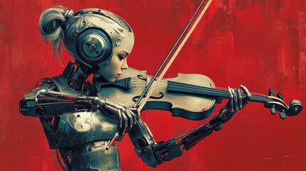  a robot girl playing the violin on red background