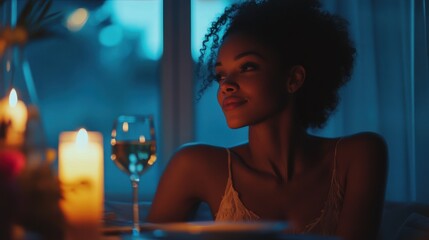 Romantic Evening Ambiance with Candlelight and Woman Toasting with Wine. Generative ai