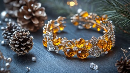 Amberstone and crystal cuff bracelet, isolated on a dark gray slate, with tiny pinecones and silver confetti