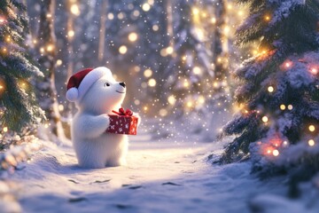  a very cute fluffy little polar bear wearing christmas hat holding christmas gift 