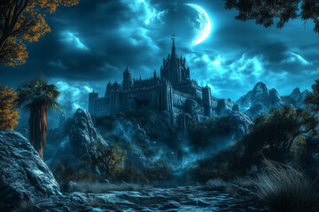 Ancient medieval castle illuminated by moonlight background.