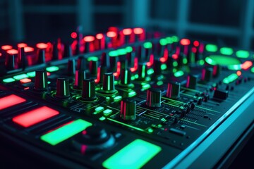 Close-up of a modern DJ mixer with colorful illuminated buttons and knobs.