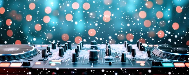 DJ controller with colorful lights, party atmosphere, isolated background.