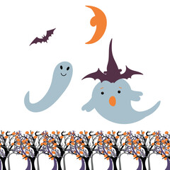 Halloween ghosts flying above the trees. 