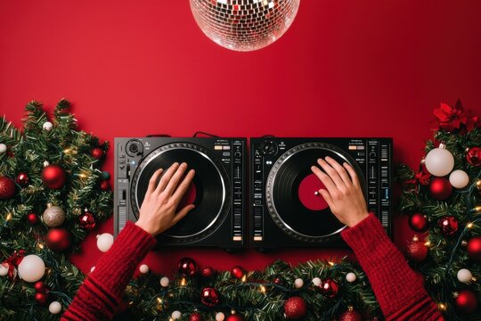 DJ hands mixing music on turntables with festive decorations, red background.