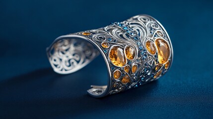 Amberstone and silver cuff bracelet, isolated on a navy blue background, with crystal accents and intricate patterns