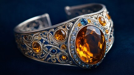 Amberstone and silver cuff bracelet, isolated on a navy blue background, with crystal accents and intricate patterns