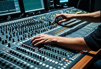 Audio engineer adjusting modern sound mixing console in professional studio