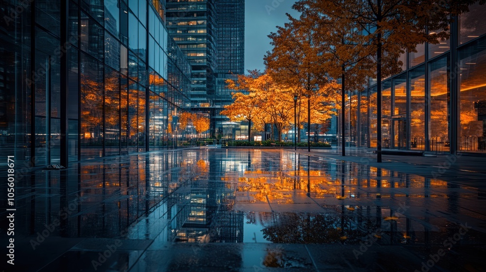 Poster a tranquil urban scene with autumn trees reflecting on wet pavement in a modern setting.
