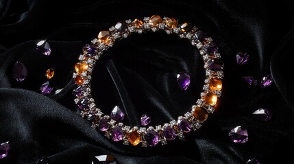 Fototapeta premium Amberstone bracelet with amethyst accents, isolated on a black velvet, with scattered amethyst crystals and silver dust