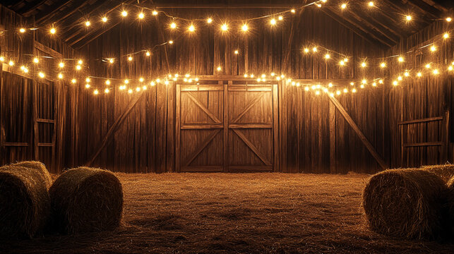 Rustic Barn Interior with Hay Bales and String Lights