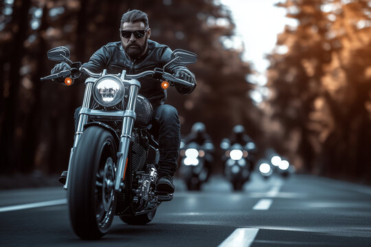 Brutal bikers on motorcycles on the road background.